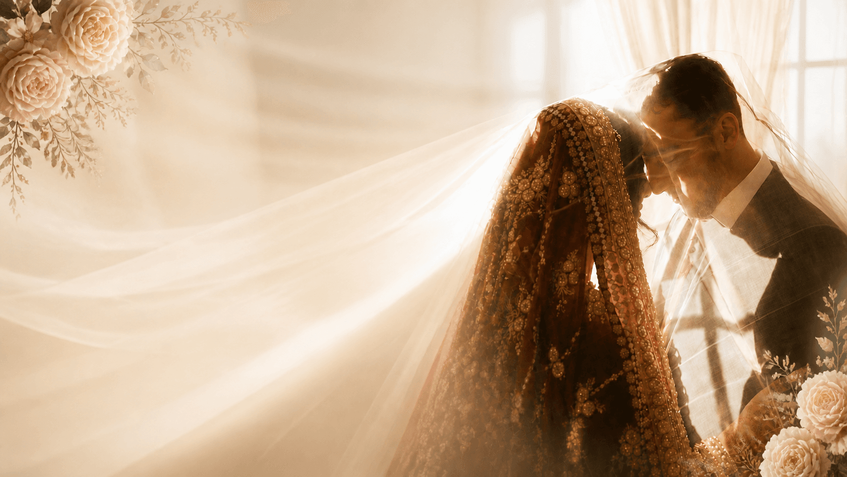 Haleema and Saleh beneath a sunlit veil